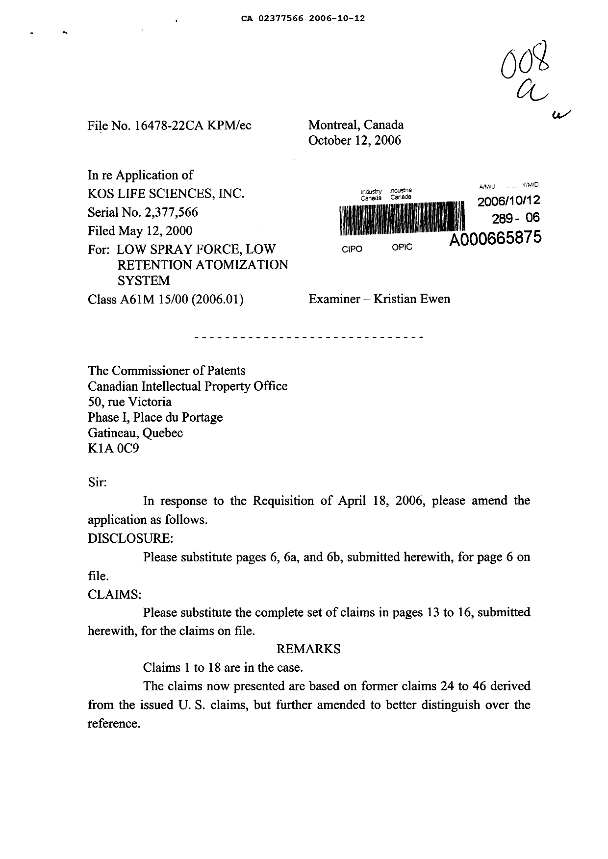 Document de brevet canadien 2377566. Poursuite-Amendment 20061012. Image 1 de 11