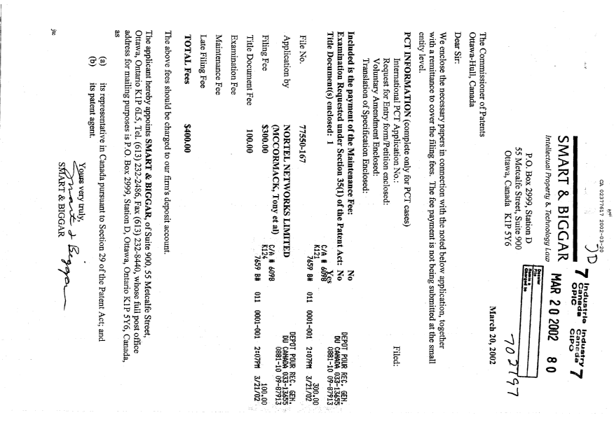 Document de brevet canadien 2377617. Cession 20020320. Image 1 de 4