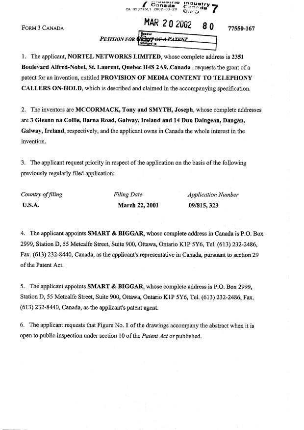 Document de brevet canadien 2377617. Cession 20020320. Image 2 de 4