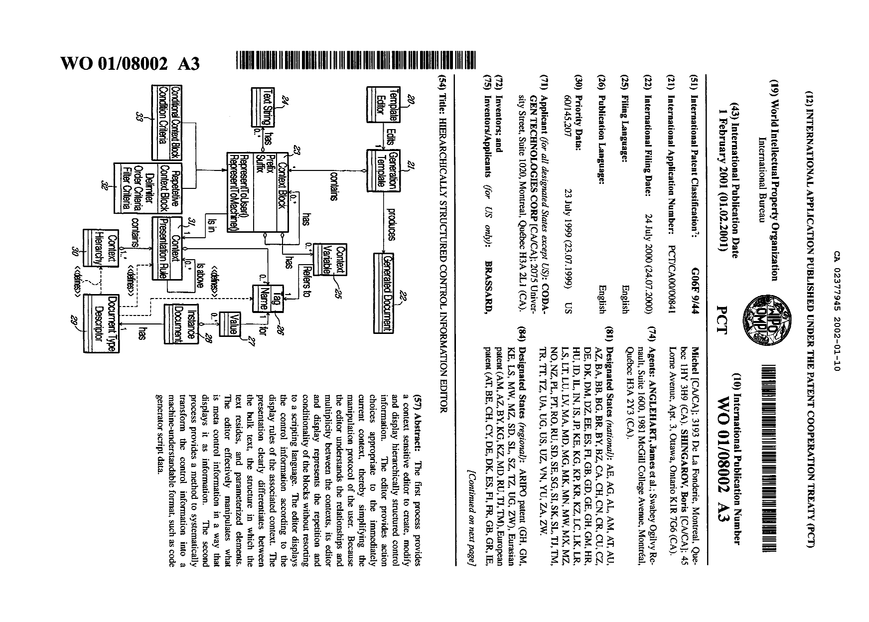 Document de brevet canadien 2377945. Abrégé 20011210. Image 1 de 2