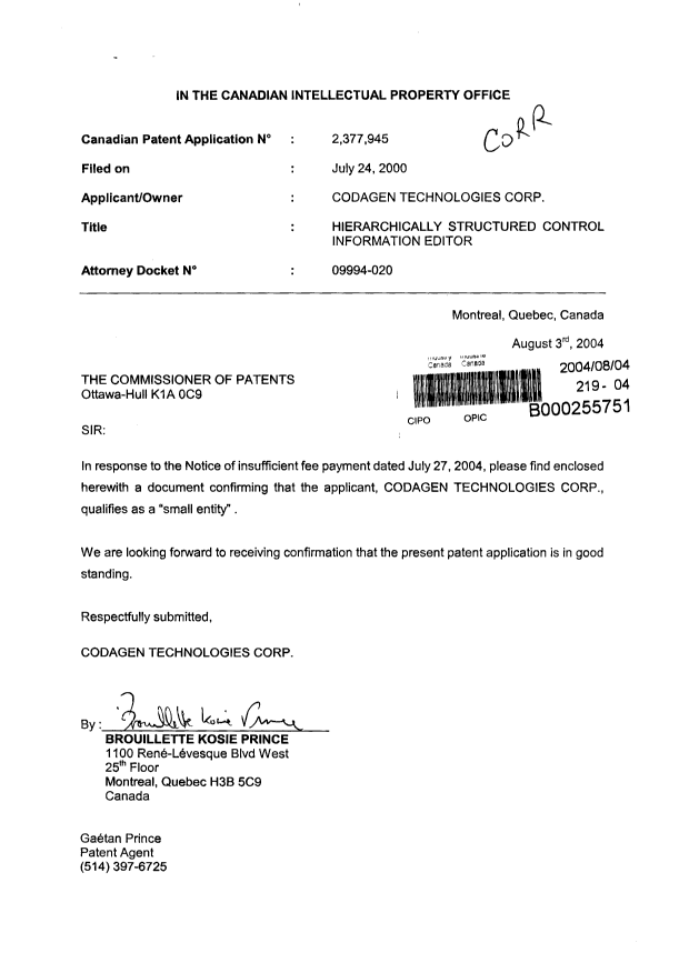 Document de brevet canadien 2377945. Correspondance 20031204. Image 1 de 2