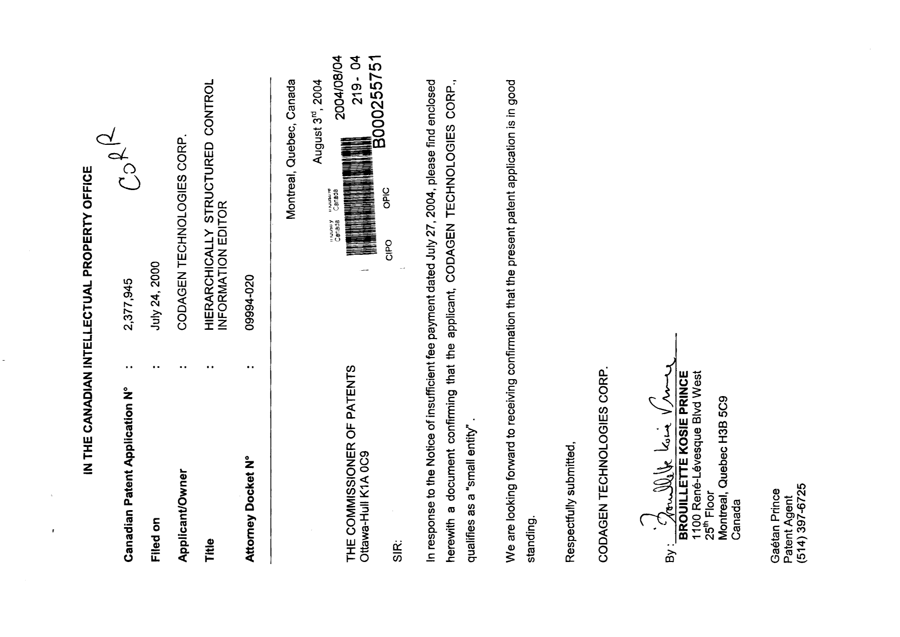 Canadian Patent Document 2377945. Correspondence 20031204. Image 1 of 2