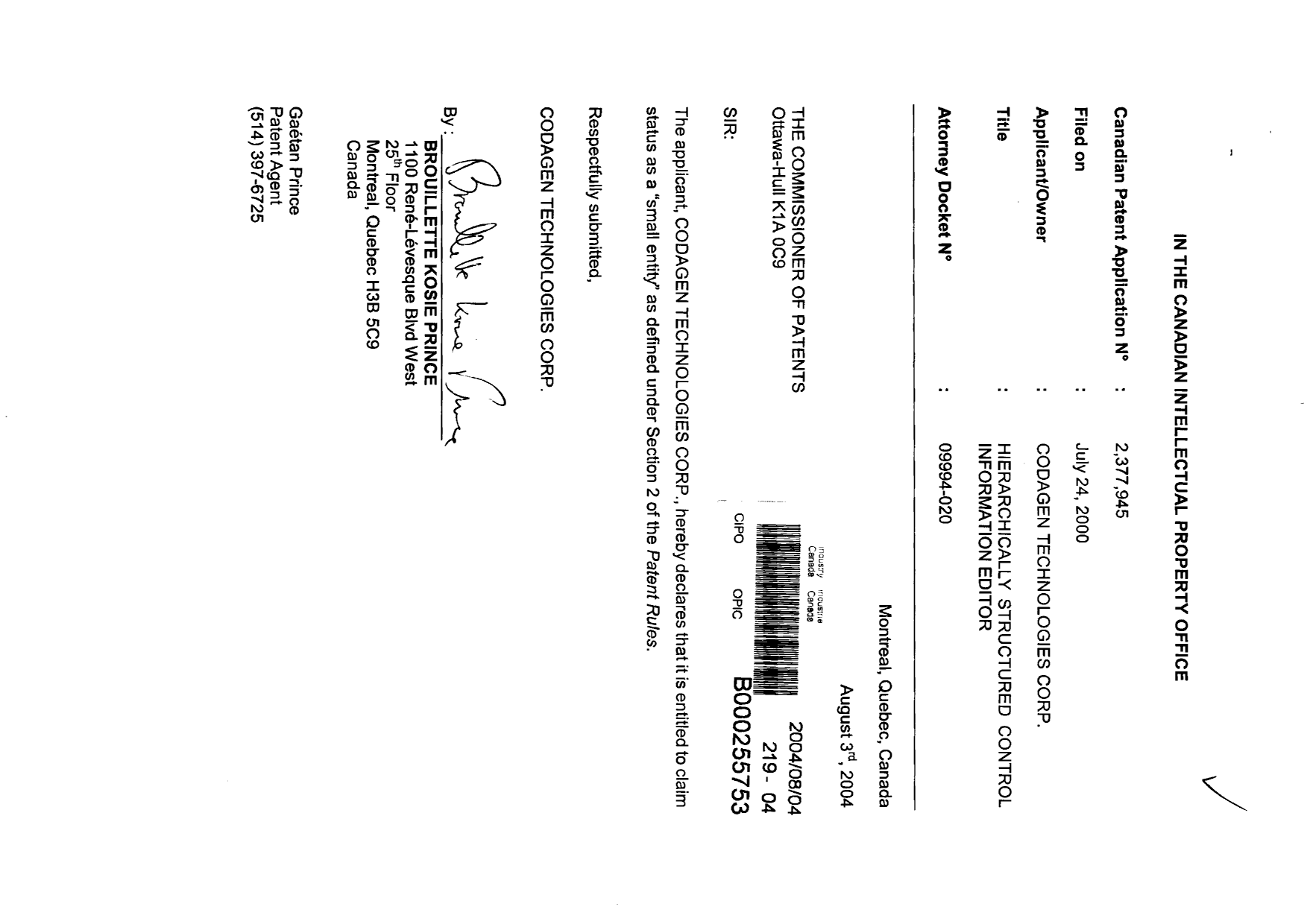 Document de brevet canadien 2377945. Correspondance 20031204. Image 2 de 2