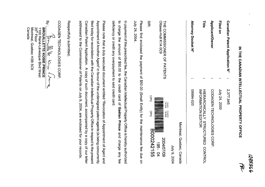 Document de brevet canadien 2377945. Taxes 20031209. Image 1 de 5