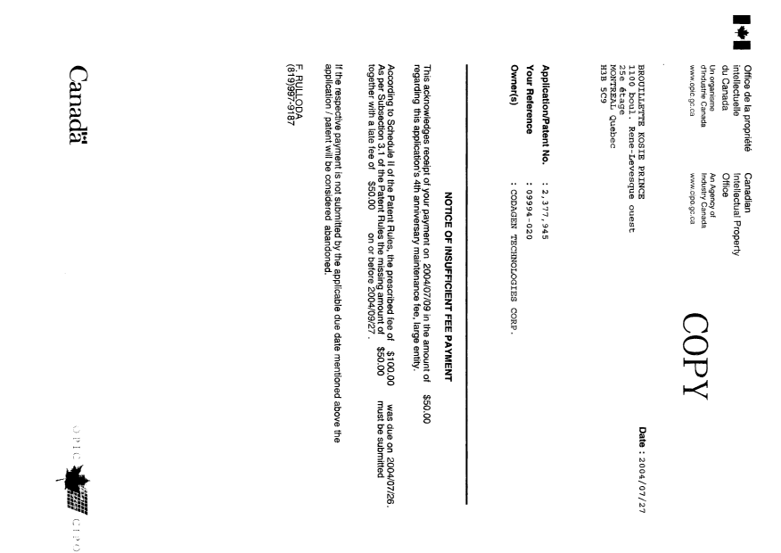 Document de brevet canadien 2377945. Taxes 20031209. Image 5 de 5