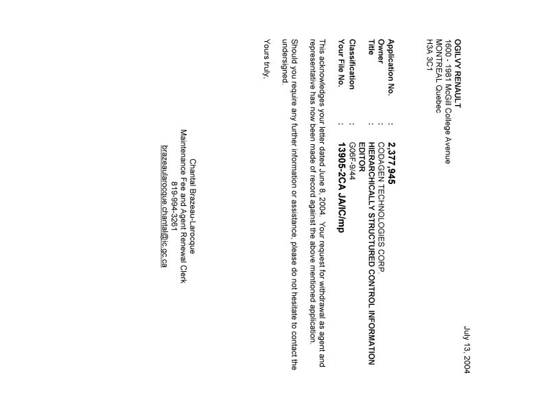 Document de brevet canadien 2377945. Correspondance 20031213. Image 1 de 1