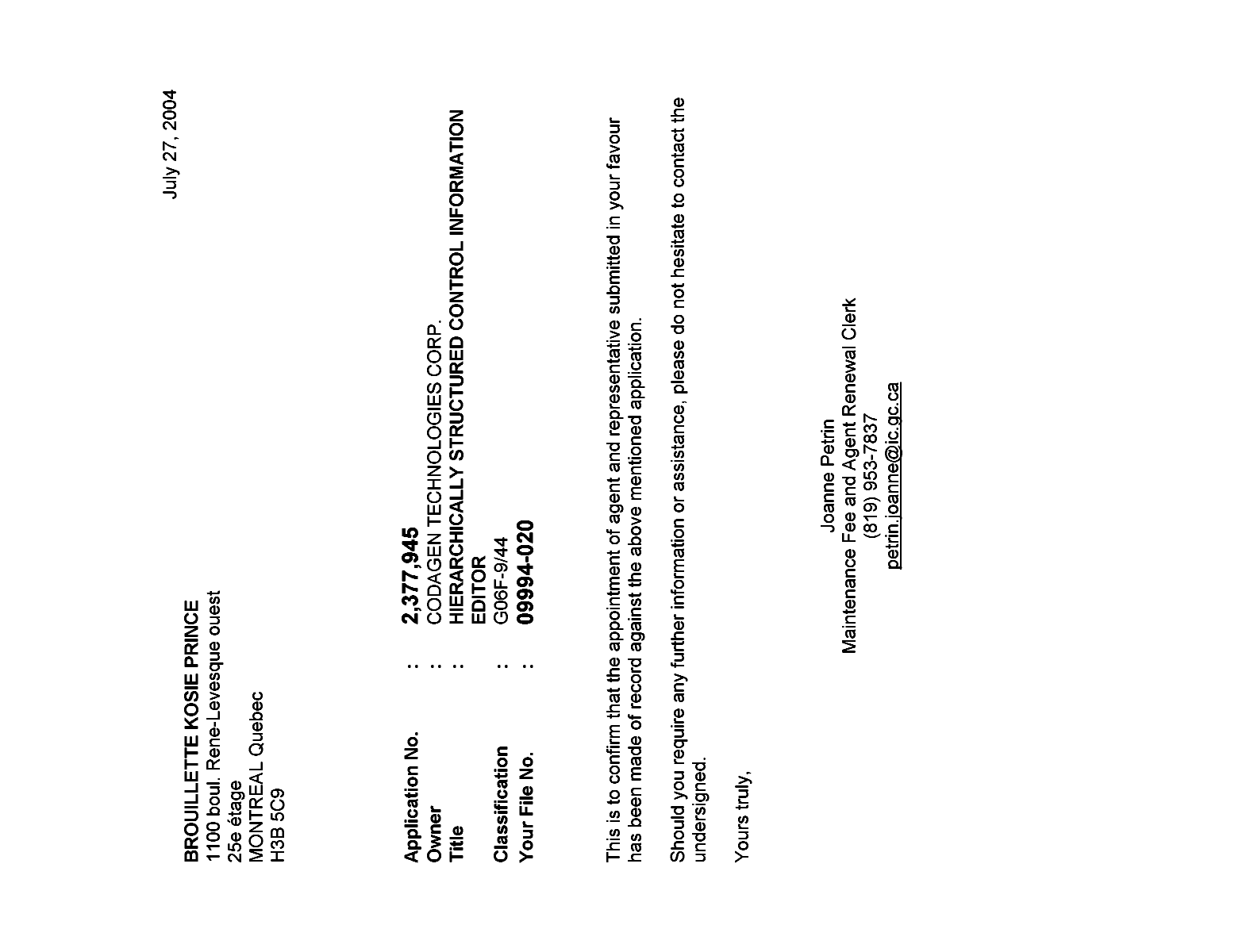 Canadian Patent Document 2377945. Correspondence 20031227. Image 1 of 1