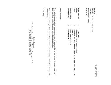 Document de brevet canadien 2377945. Correspondance 20061227. Image 1 de 1