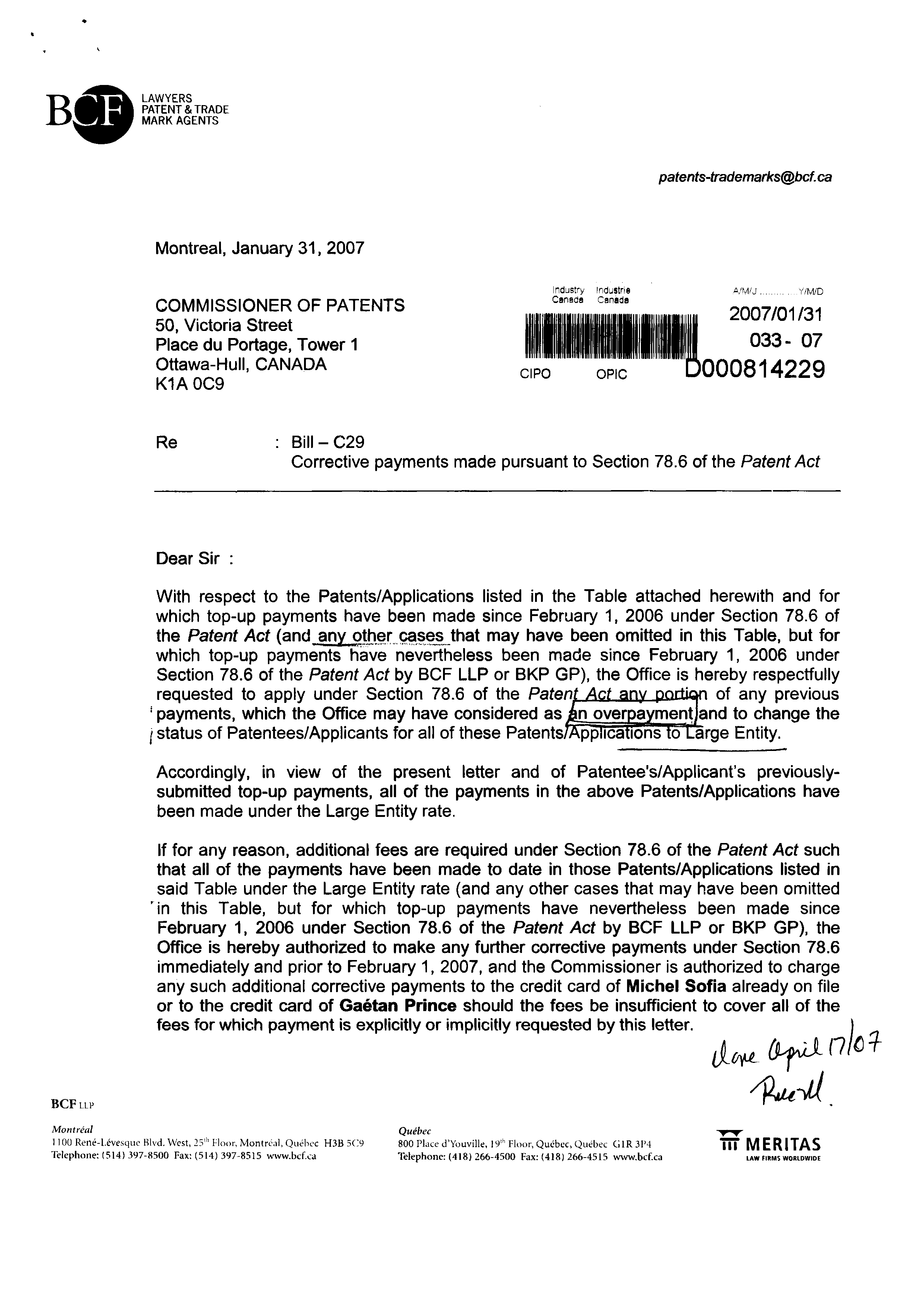 Canadian Patent Document 2377945. Correspondence 20061231. Image 1 of 5