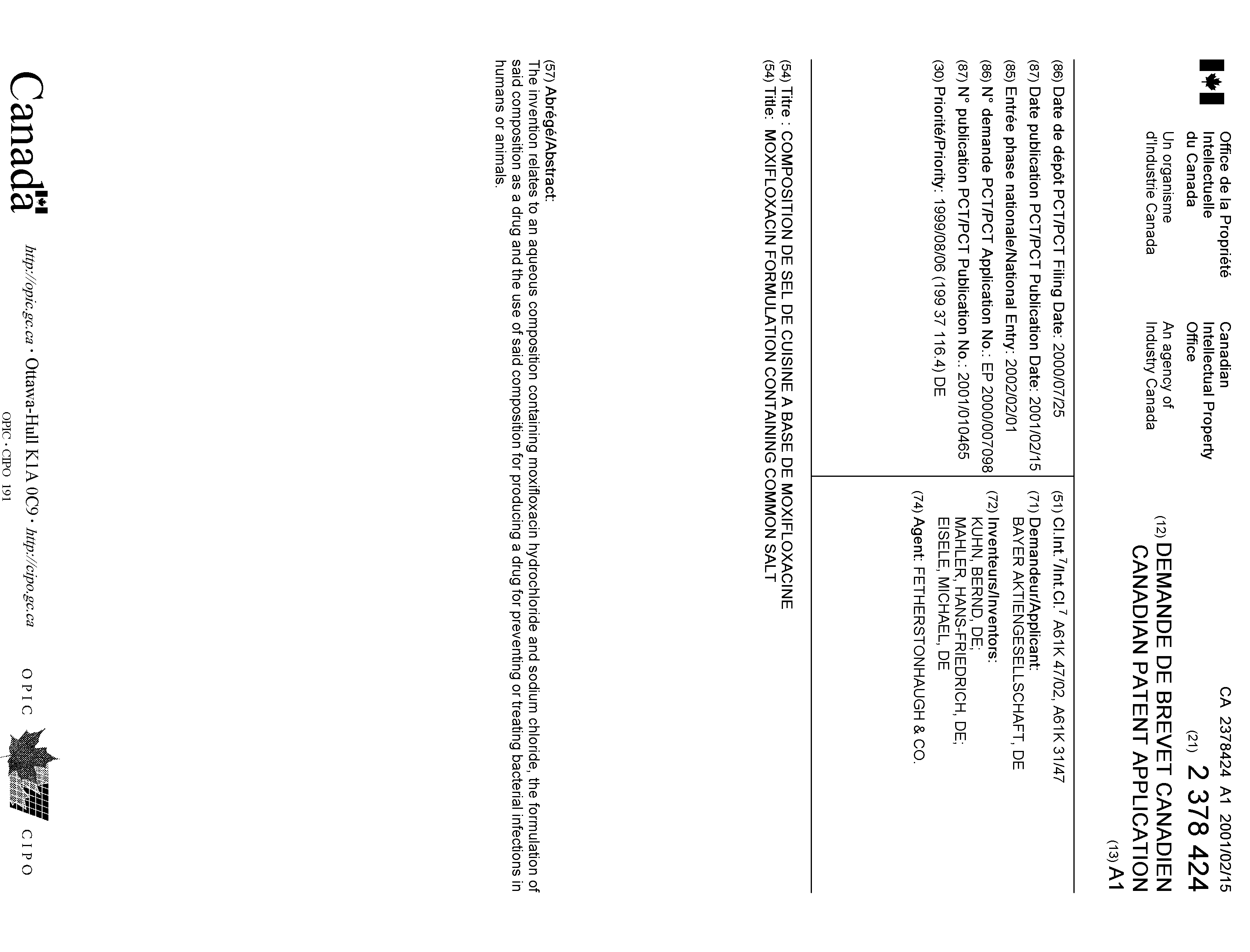 Canadian Patent Document 2378424. Cover Page 20011206. Image 1 of 1