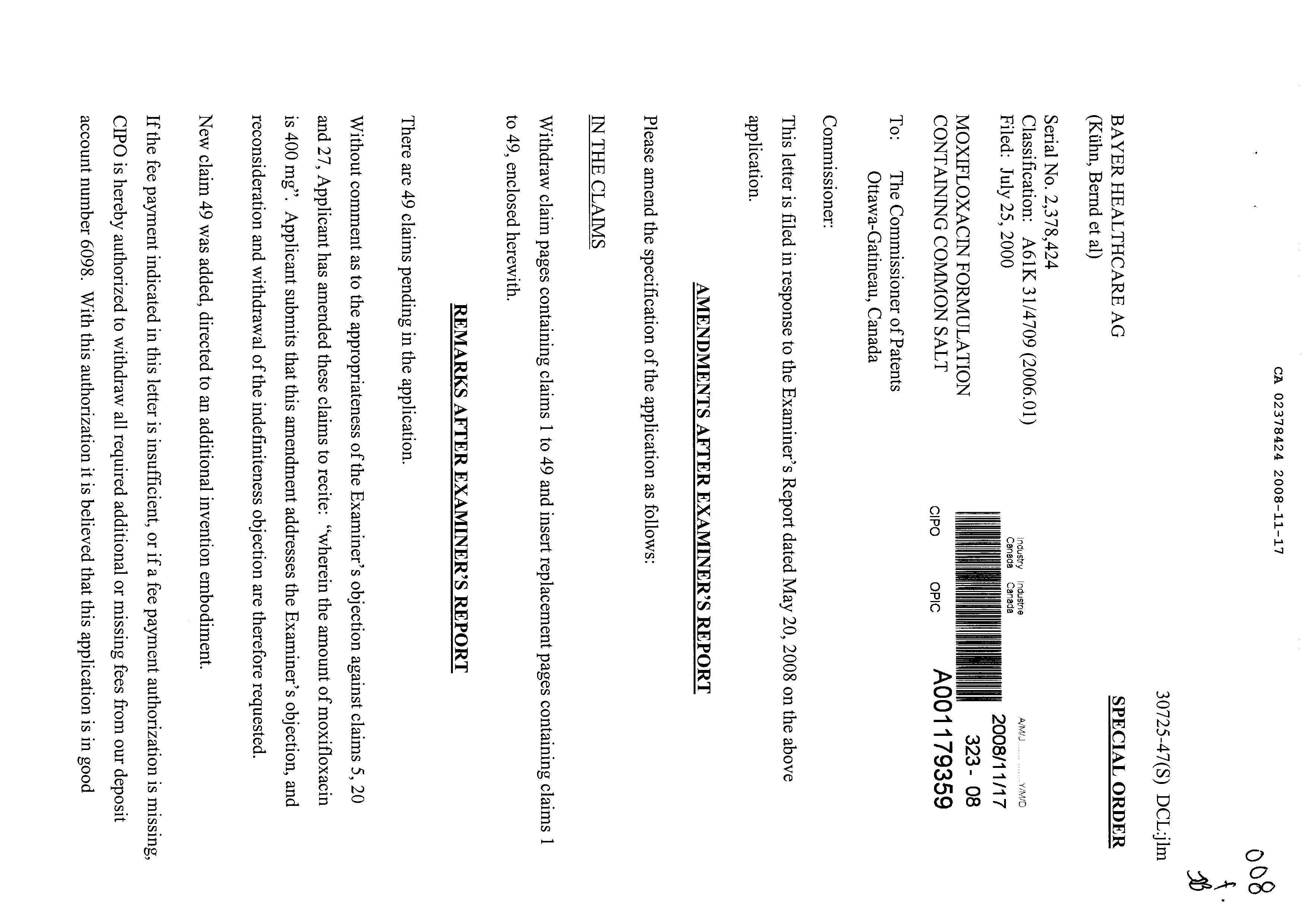 Document de brevet canadien 2378424. Poursuite-Amendment 20071217. Image 1 de 10