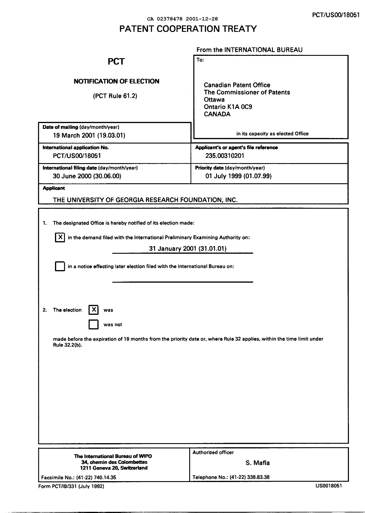 Document de brevet canadien 2378478. PCT 20001228. Image 1 de 12