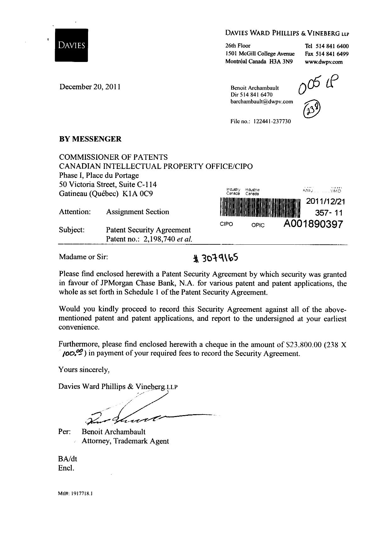 Document de brevet canadien 2379020. Cession 20111221. Image 1 de 11