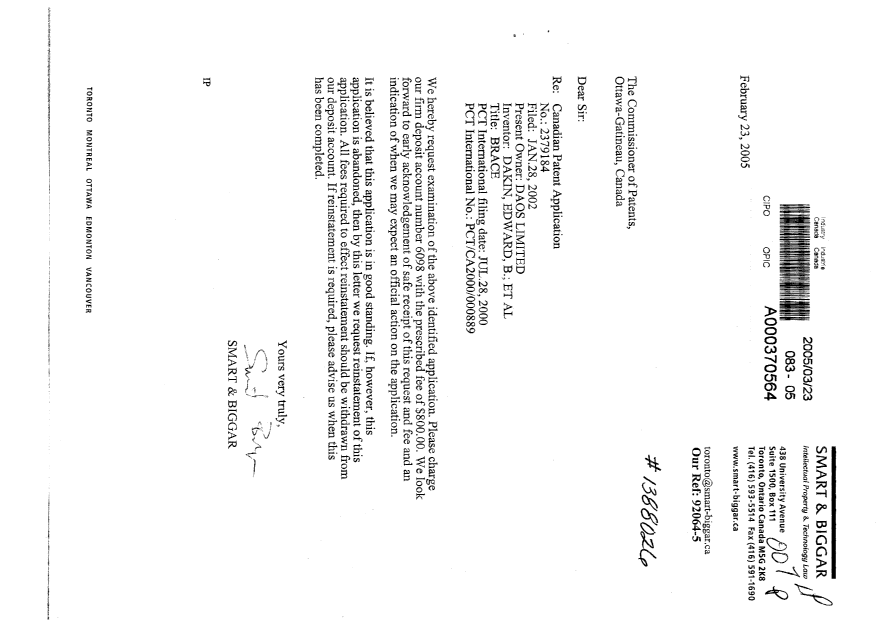 Document de brevet canadien 2379184. Poursuite-Amendment 20050323. Image 1 de 1