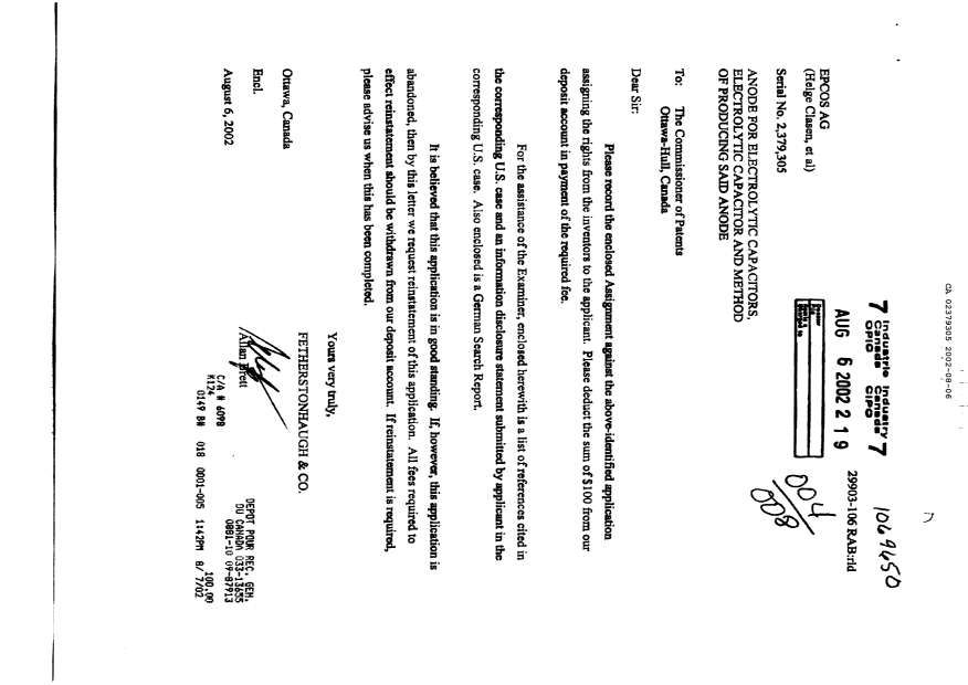 Canadian Patent Document 2379305. Prosecution-Amendment 20020806. Image 1 of 1