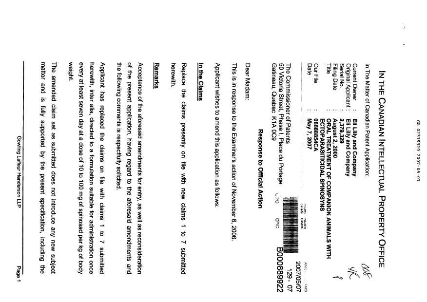 Document de brevet canadien 2379329. Poursuite-Amendment 20061207. Image 1 de 5