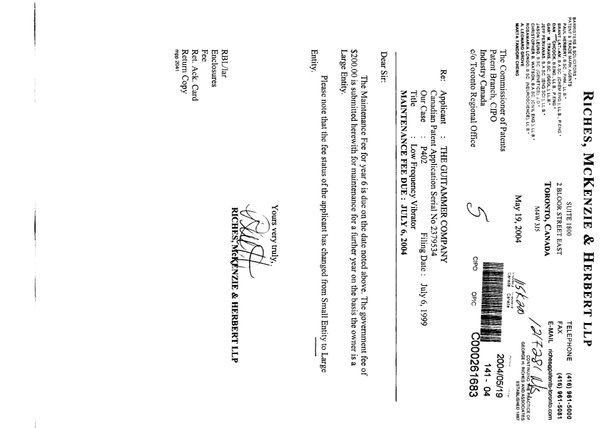 Document de brevet canadien 2379534. Taxes 20040519. Image 1 de 1