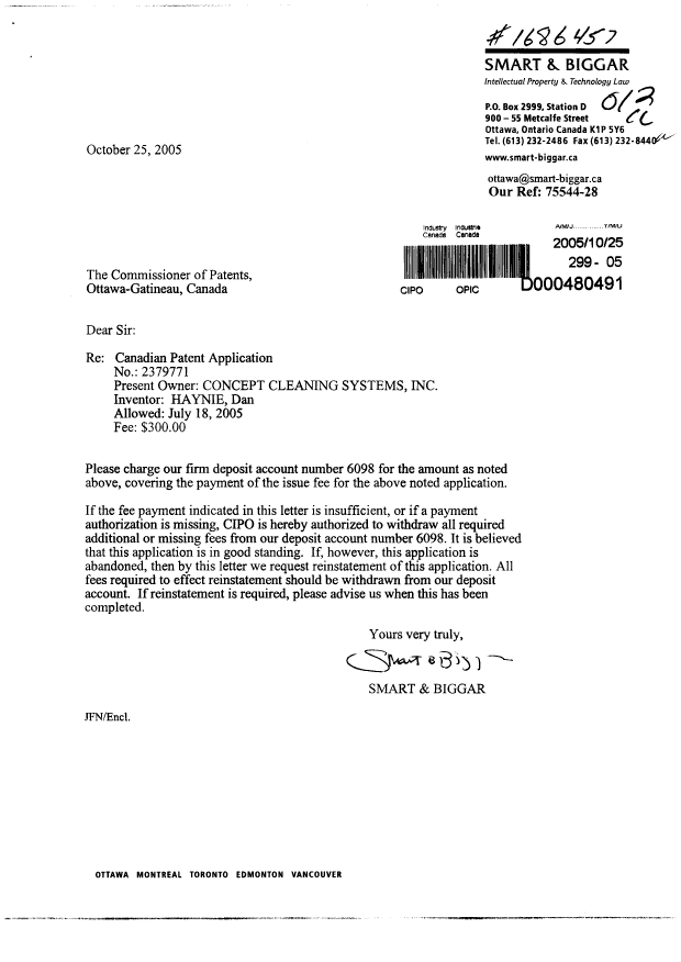 Canadian Patent Document 2379771. Correspondence 20051025. Image 1 of 1