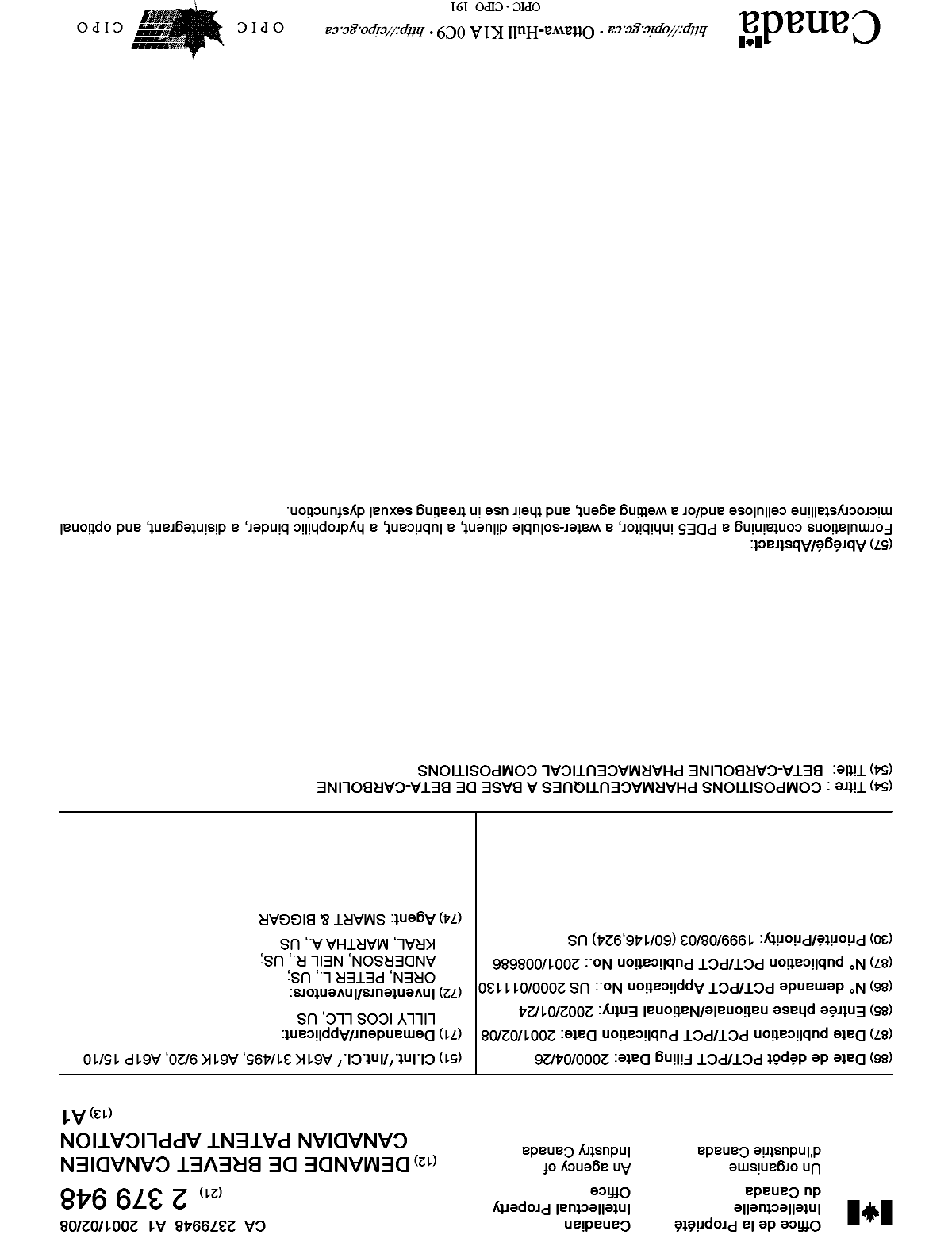 Document de brevet canadien 2379948. Page couverture 20011224. Image 1 de 1