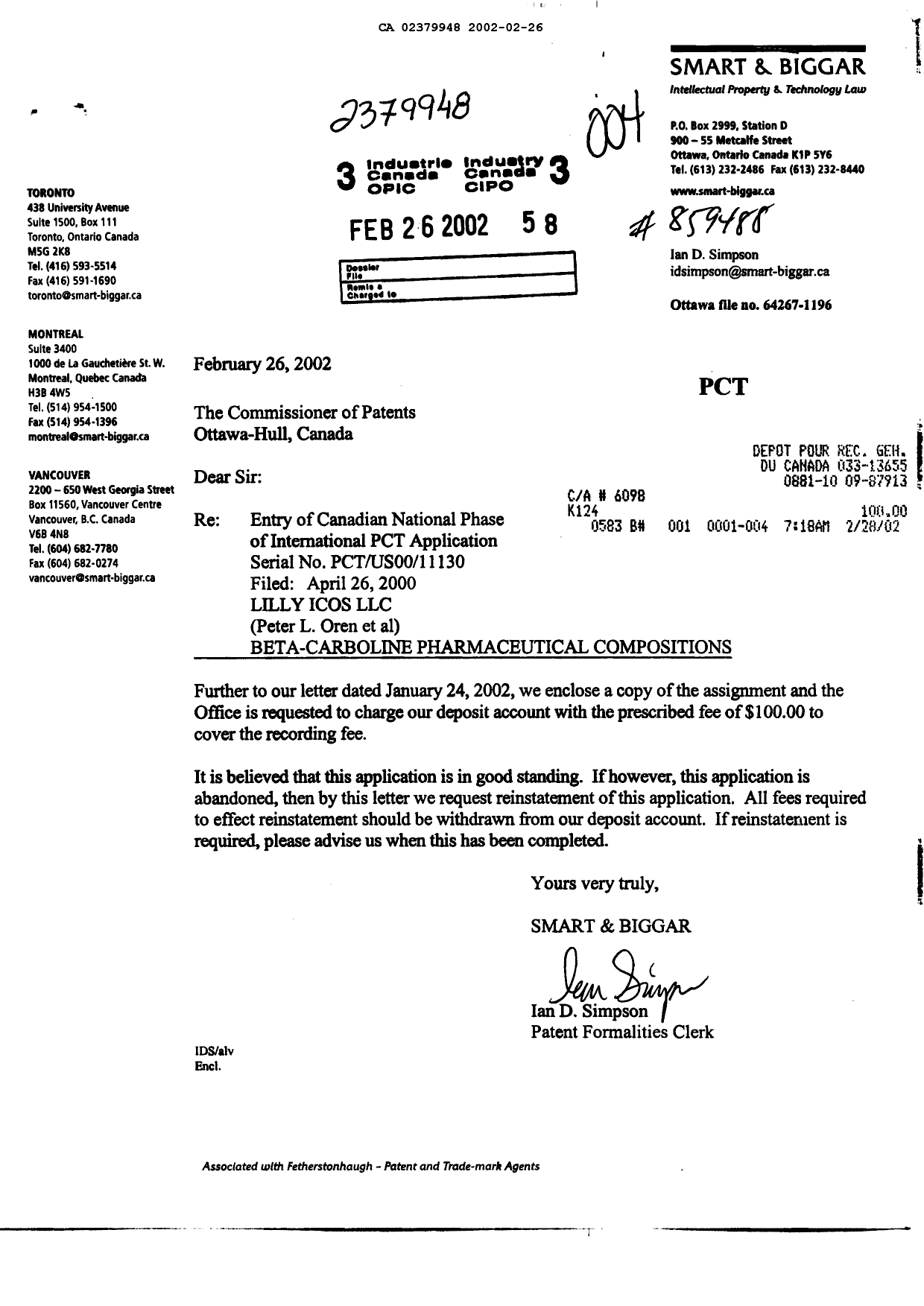 Document de brevet canadien 2379948. Cession 20020226. Image 1 de 3
