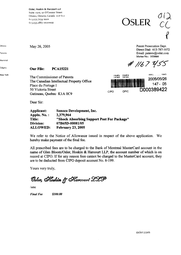 Canadian Patent Document 2379964. Correspondence 20050526. Image 1 of 1
