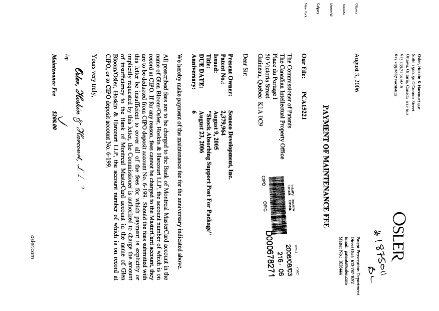 Canadian Patent Document 2379964. Fees 20060803. Image 1 of 1
