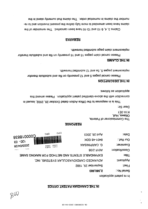 Canadian Patent Document 2380683. Prosecution-Amendment 20030428. Image 1 of 7