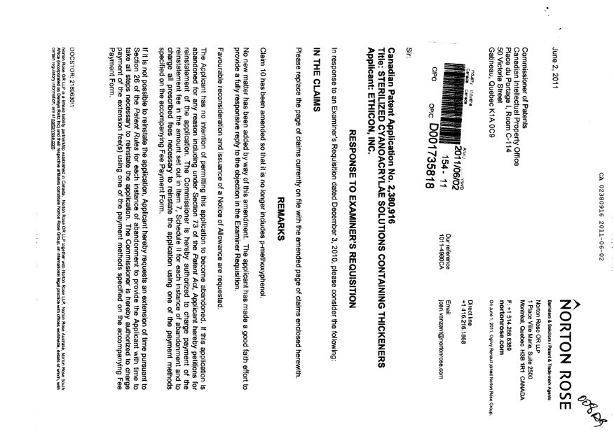 Document de brevet canadien 2380916. Poursuite-Amendment 20110602. Image 1 de 3