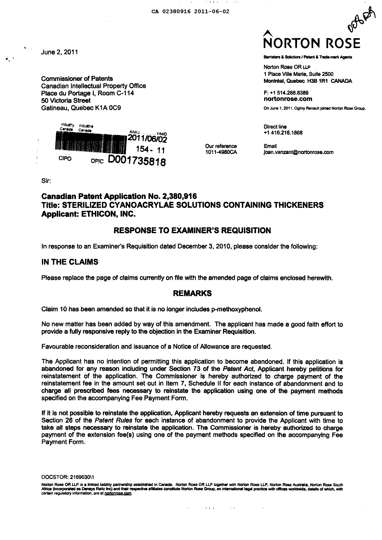Canadian Patent Document 2380916. Prosecution-Amendment 20110602. Image 1 of 3