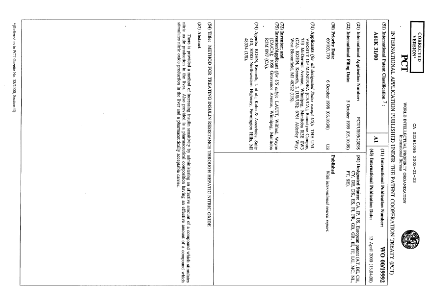 Document de brevet canadien 2381095. Abrégé 20020123. Image 1 de 1