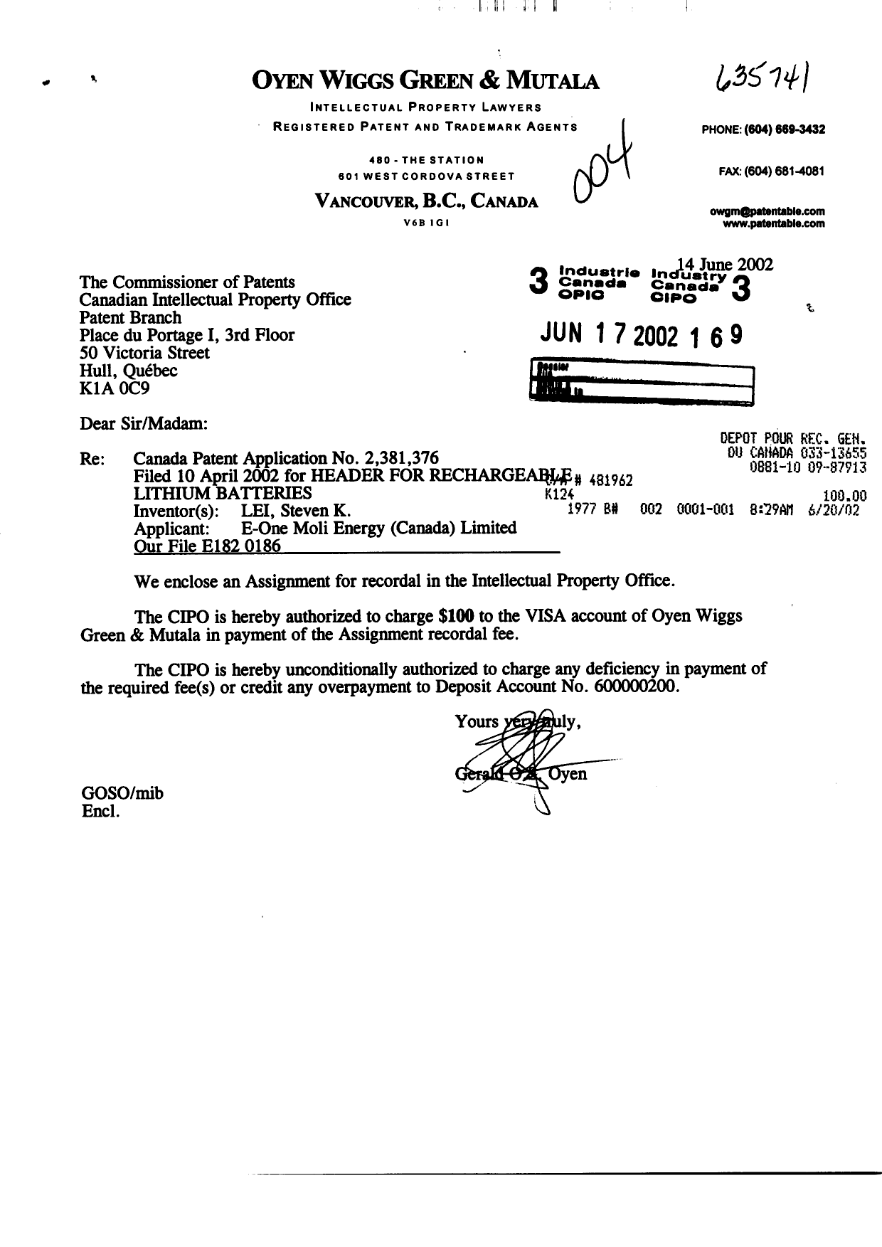 Document de brevet canadien 2381376. Cession 20020617. Image 1 de 3