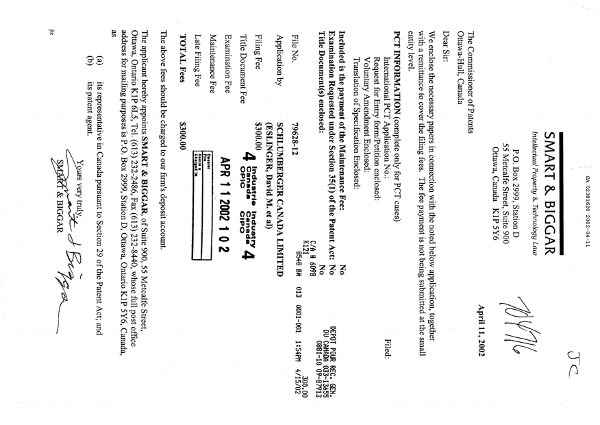 Document de brevet canadien 2381620. Cession 20020411. Image 1 de 2