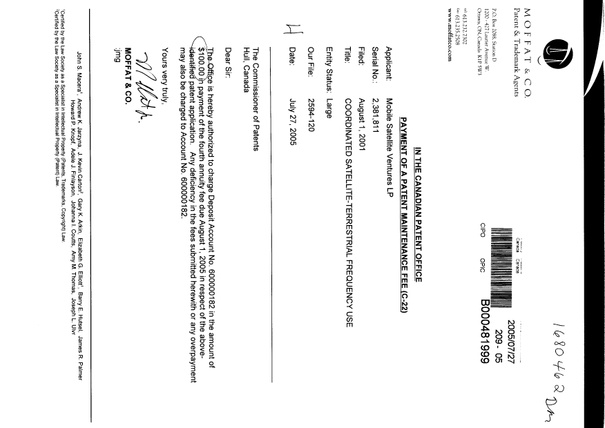 Document de brevet canadien 2381811. Taxes 20050727. Image 1 de 1