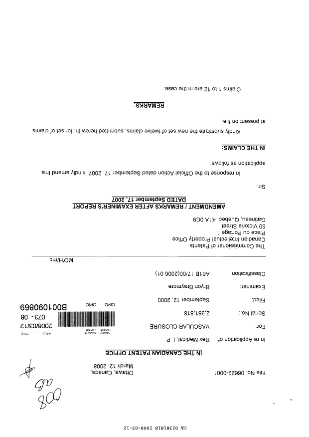 Document de brevet canadien 2381818. Poursuite-Amendment 20071212. Image 1 de 6