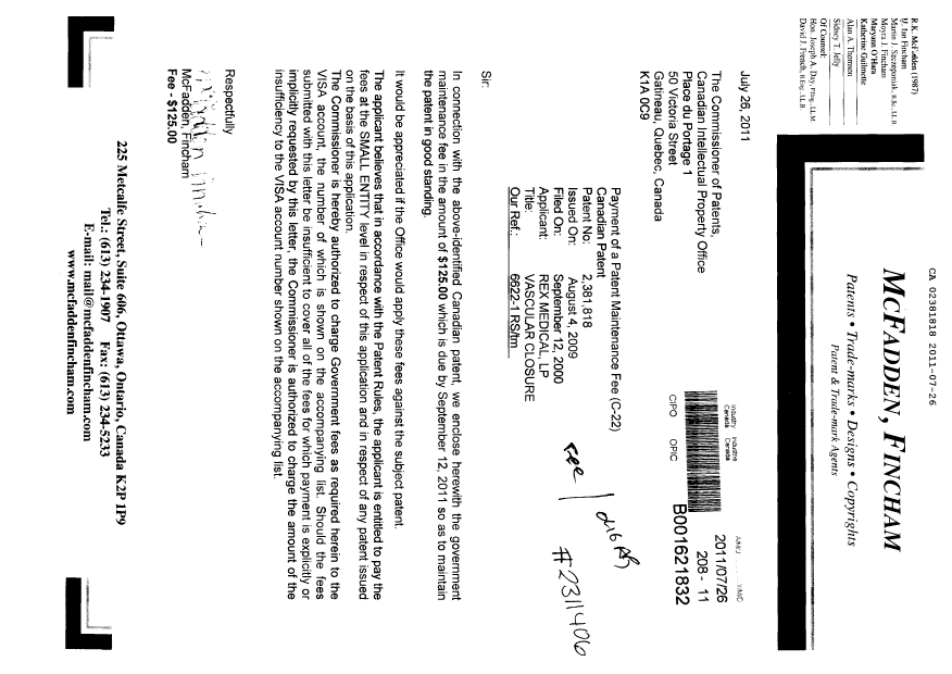 Document de brevet canadien 2381818. Correspondance 20101226. Image 1 de 2