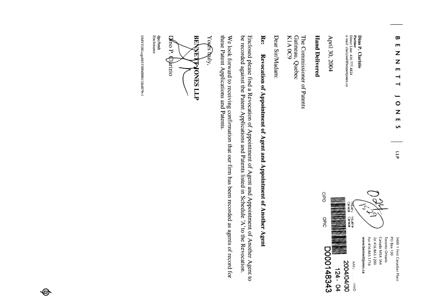 Document de brevet canadien 2382166. Correspondance 20040430. Image 1 de 46