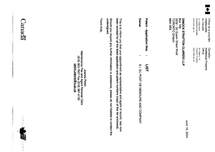 Document de brevet canadien 2382166. Correspondance 20040616. Image 1 de 1