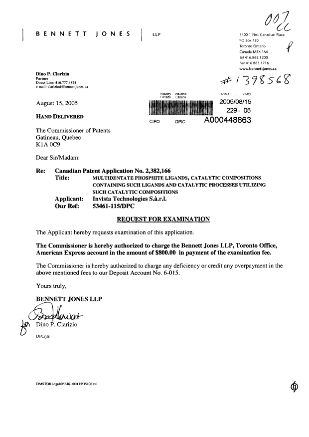 Canadian Patent Document 2382166. Prosecution-Amendment 20050815. Image 1 of 1