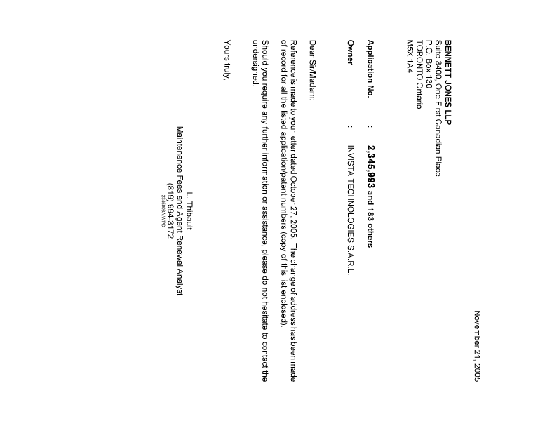 Document de brevet canadien 2382166. Correspondance 20051121. Image 1 de 1