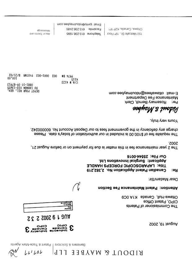 Canadian Patent Document 2382219. Fees 20020819. Image 1 of 1