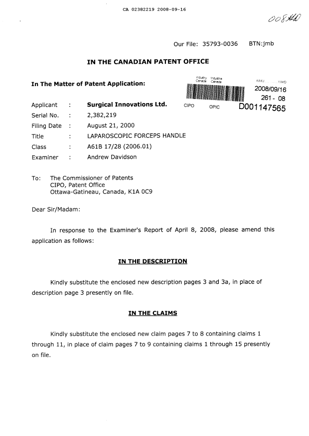 Document de brevet canadien 2382219. Poursuite-Amendment 20080916. Image 1 de 7