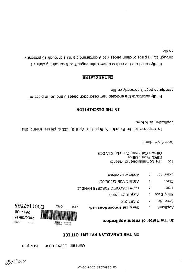Canadian Patent Document 2382219. Prosecution-Amendment 20080916. Image 1 of 7