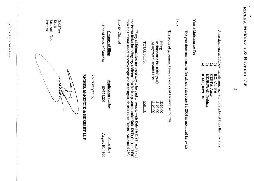 Document de brevet canadien 2382271. Cession 20020218. Image 2 de 4