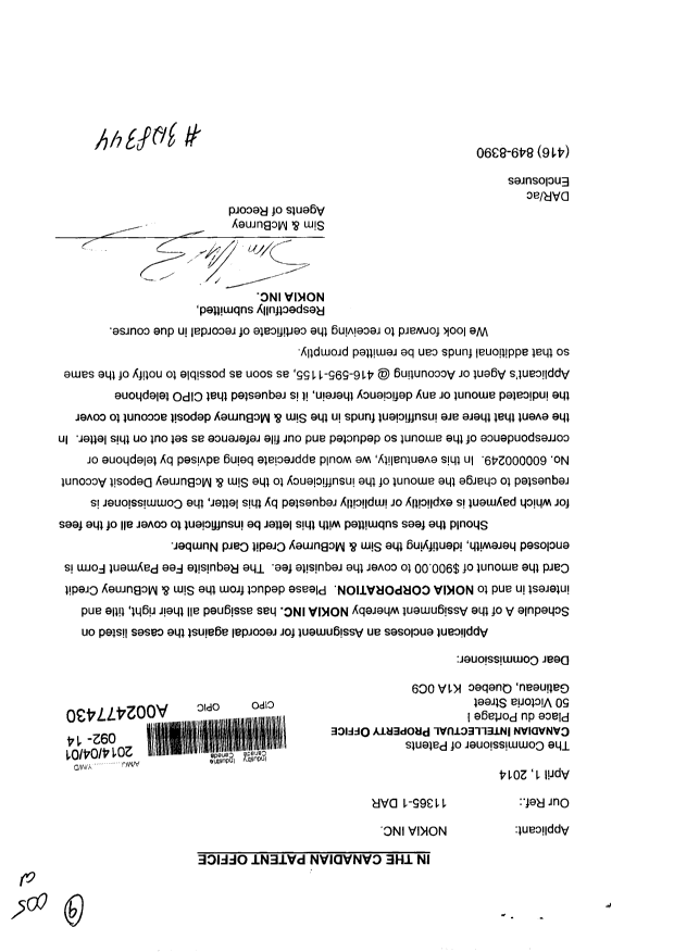 Document de brevet canadien 2382271. Cession 20140401. Image 1 de 3