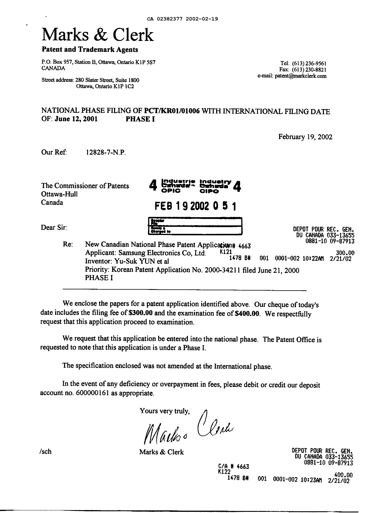 Document de brevet canadien 2382377. Cession 20020219. Image 1 de 2