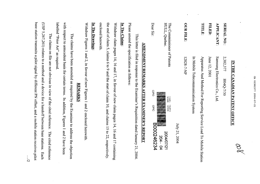 Document de brevet canadien 2382377. Poursuite-Amendment 20040721. Image 1 de 7