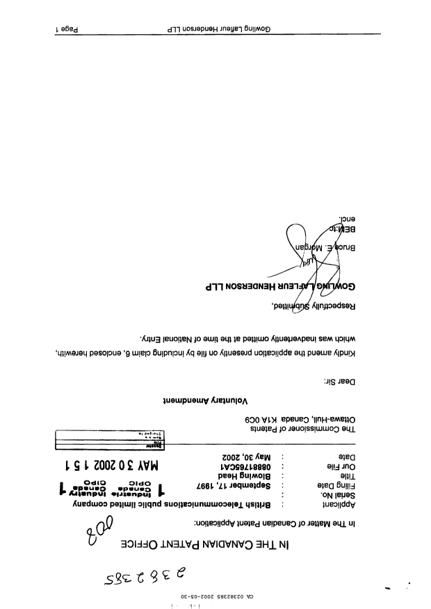 Canadian Patent Document 2382385. Prosecution-Amendment 20020530. Image 1 of 2