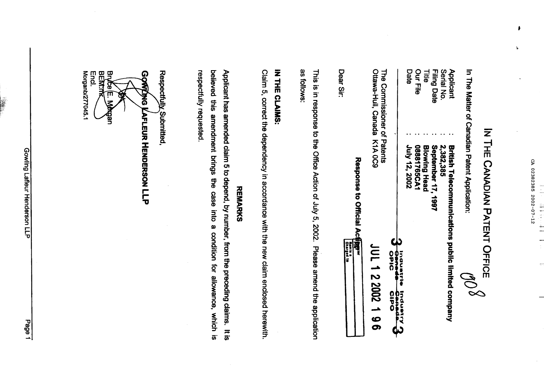 Canadian Patent Document 2382385. Prosecution-Amendment 20020712. Image 1 of 3