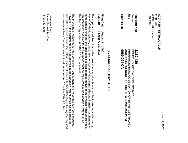 Document de brevet canadien 2382426. Correspondance 20011211. Image 1 de 1