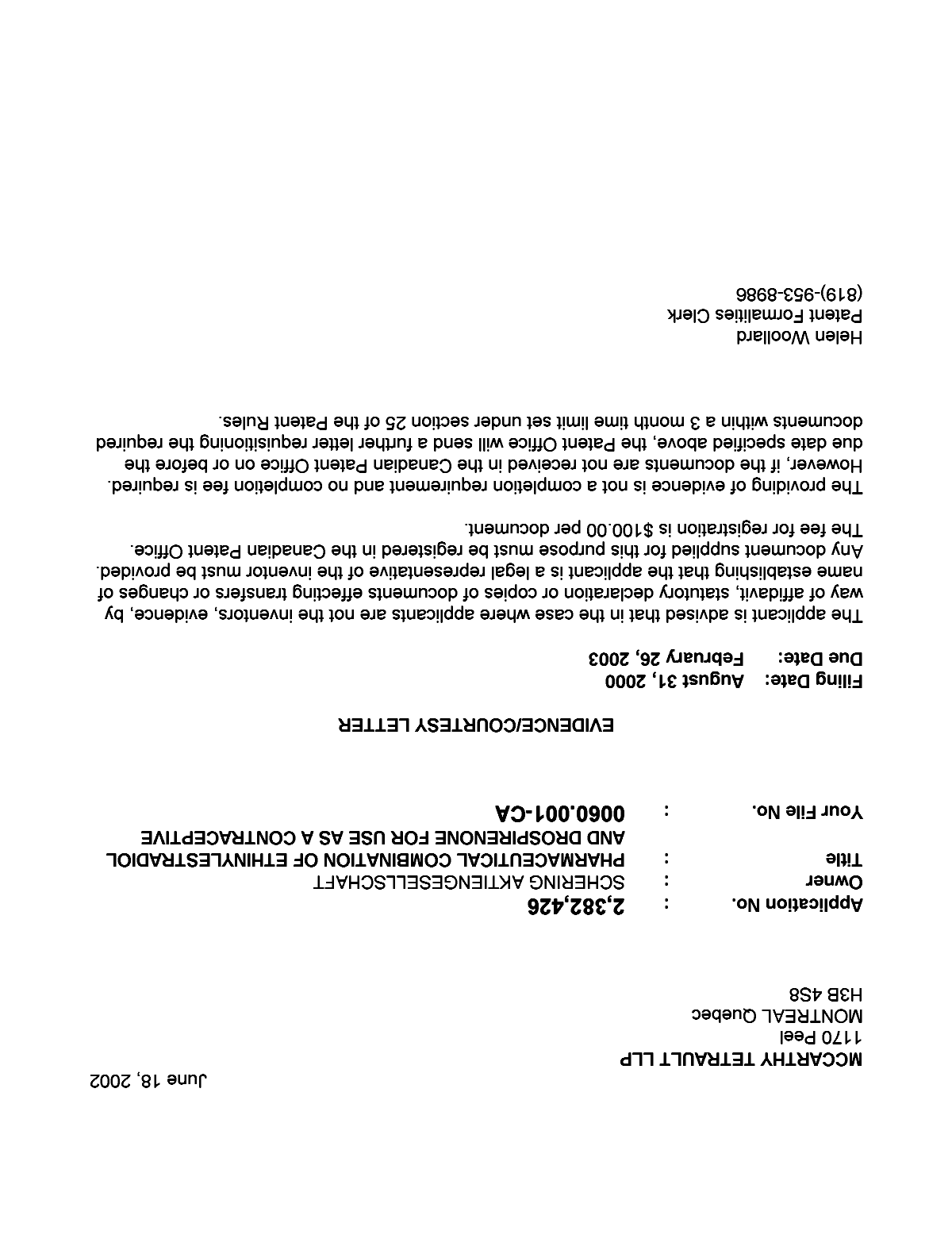Canadian Patent Document 2382426. Correspondence 20011211. Image 1 of 1